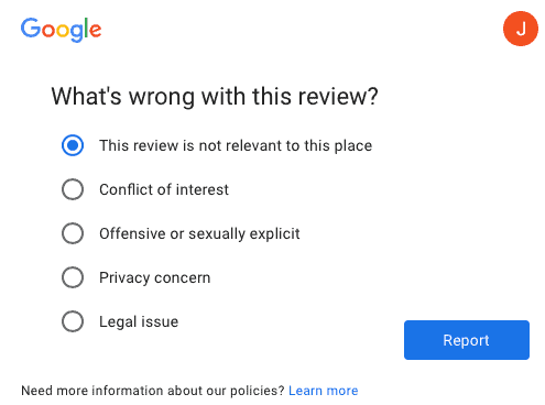 this review is not appropriate to this place Google reviews