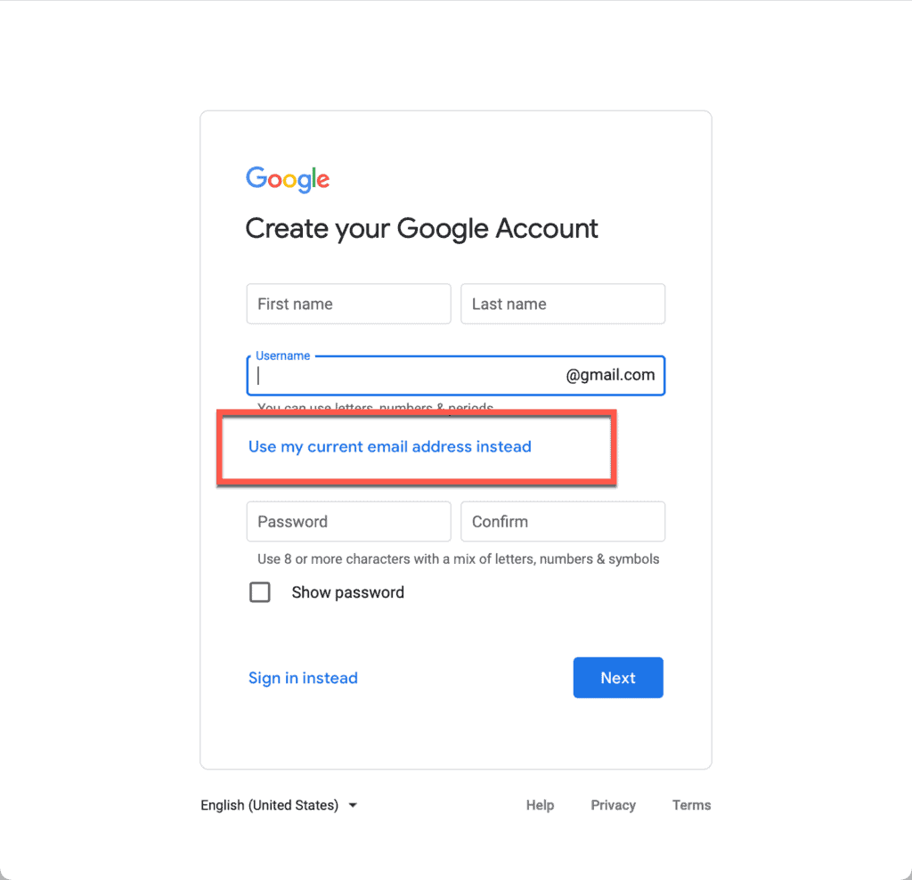 use a non gmail email to create a google account option