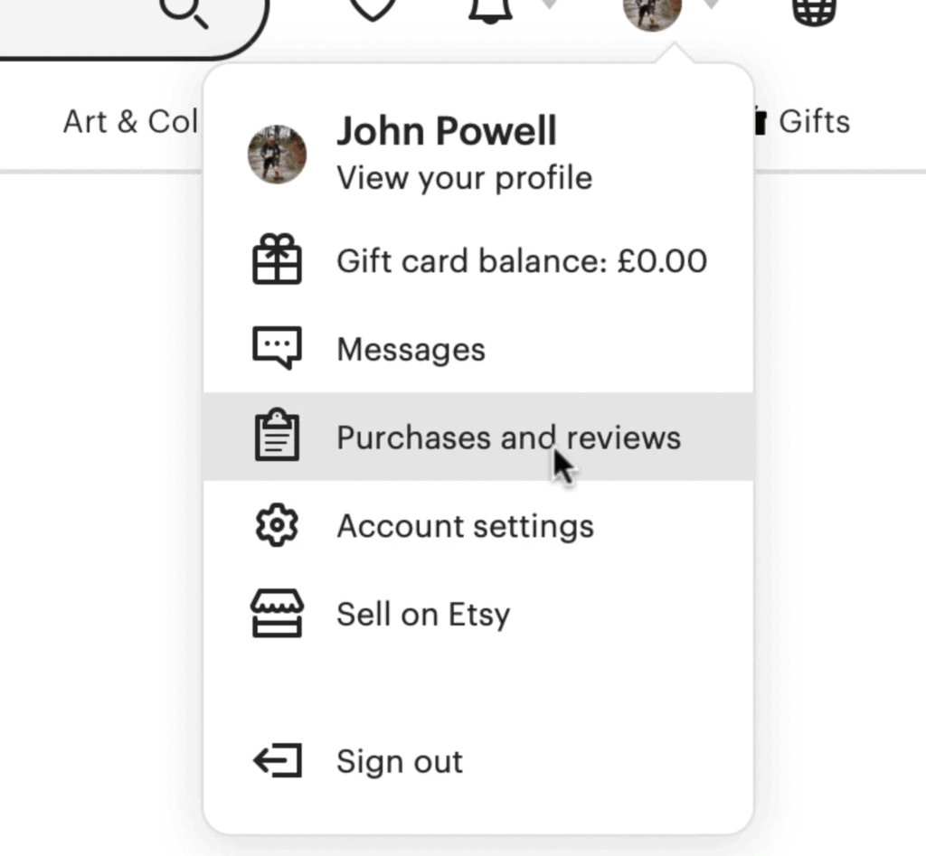Etsy - Your Account Menu drop down for writing reviews