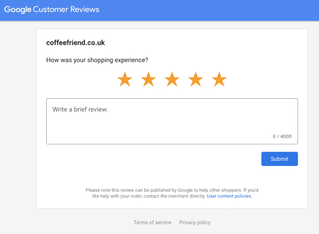 Google Customer Reviews example landing page
