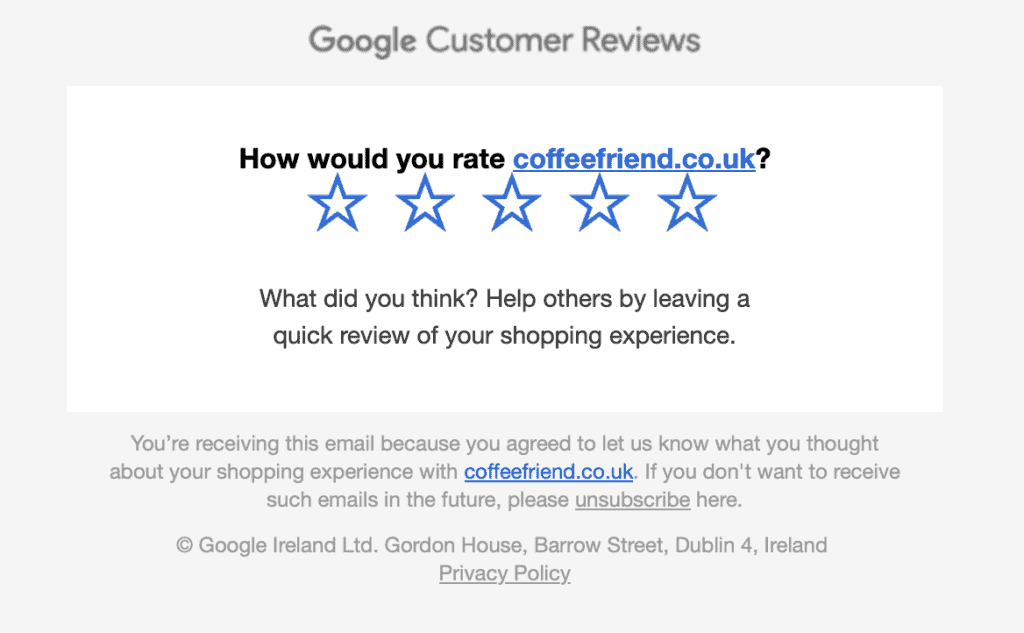 Google Customer Reviews example email
